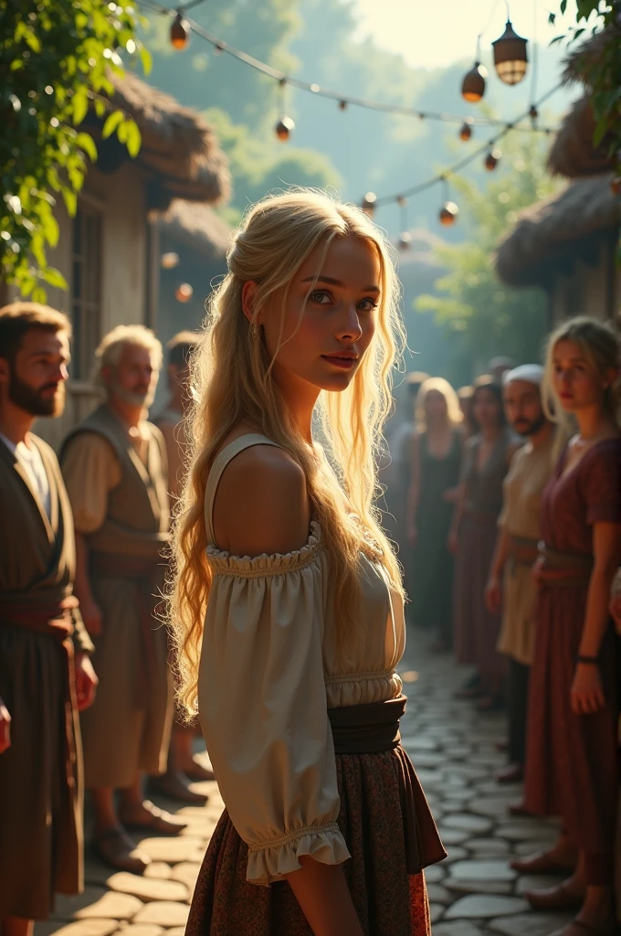 A beautiful young blonde woman with villagers looking at the village scenery using electricity