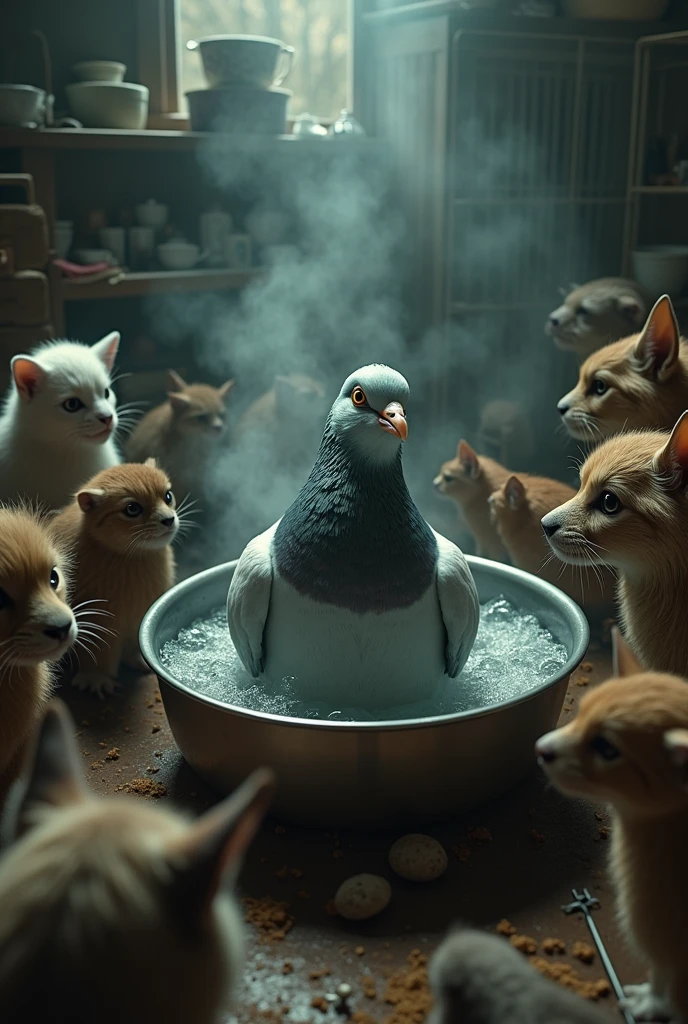 (masterpiece, best quality, ultra detailed, photorealistic, hyperrealistic photo:1.2), A pigeon is being boiled in a pot surrounded by animals、