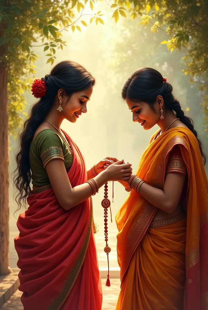 sister wearing sari giving rakhi to brother 