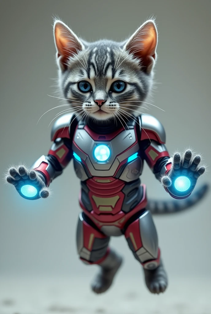 Iron Mew" - A small, gray tabby cat wearing a sleek, futuristic suit of armor in metallic silver and red, like Iron Man’s. The suit has glowing blue accents, and the cat is hovering mid-air, with repulsor beams shooting from its paws.