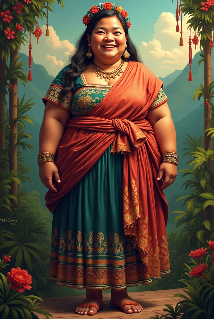 Generate an image that a stout woman is wearing Filipino national clothes