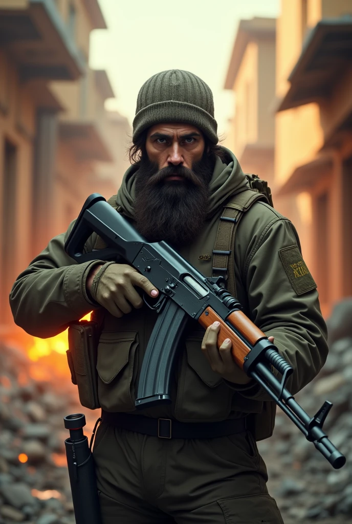 One man and ak 47 with fayar to
