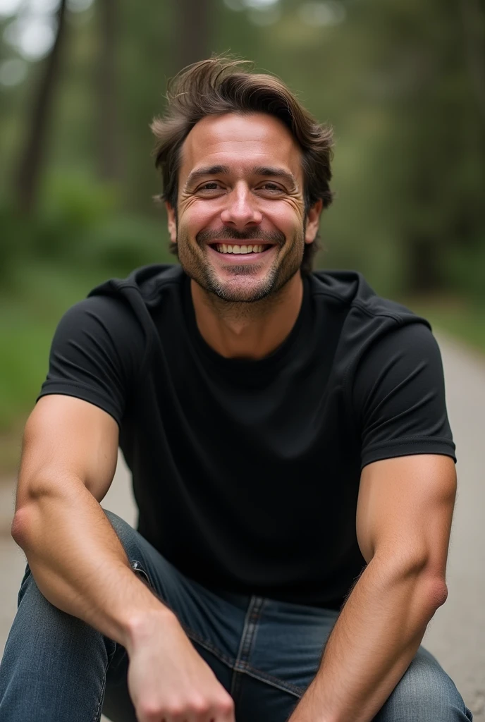 A man smile on ground and wearing a black tshirt
