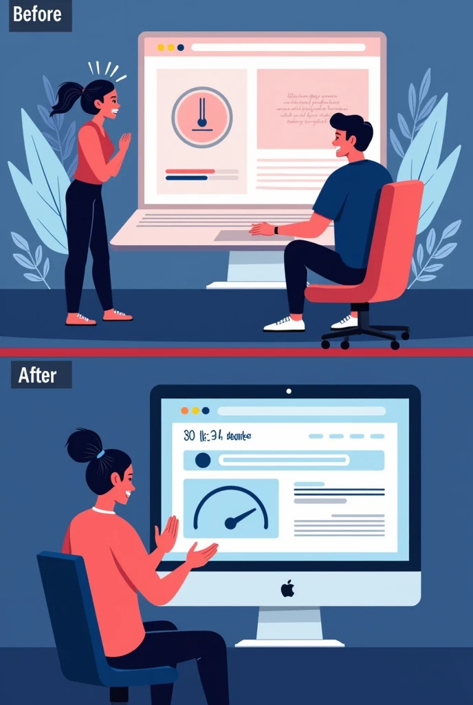"Create a two-panel comparison image for a website video. The left panel, labeled 'Before,' should depict a frustrating experience with a webpage that takes several seconds to load. Show a loading spinner, slow progress bar, or an impatient user waiting, possibly with a timestamp indicating a delay, to emphasize the sluggishness.The right panel, labeled 'After,' should illustrate a lightning-fast page load. Show a webpage that loads instantly with no delays, a happy user interacting smoothly with the site, and a clear, completed progress bar or a message indicating that the page loaded in just a fraction of a second. The design should convey speed and user satisfaction."