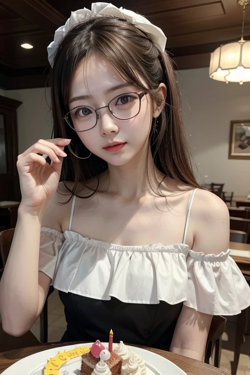 Browsing Caution:0.5, Solo portrait of one slender pale girl, Van, Long Hair, Cleavage, in a coffee shop、Wear glasses、Shirtless、Pointed nipples are visible、