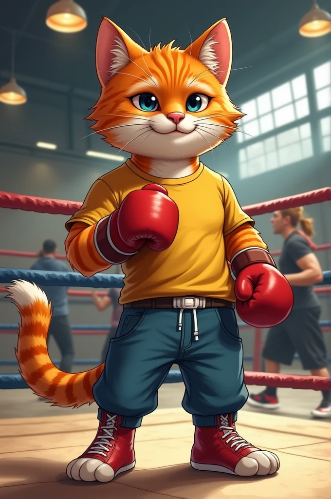 Orange cat wearing t shirt and pant going to boxing club