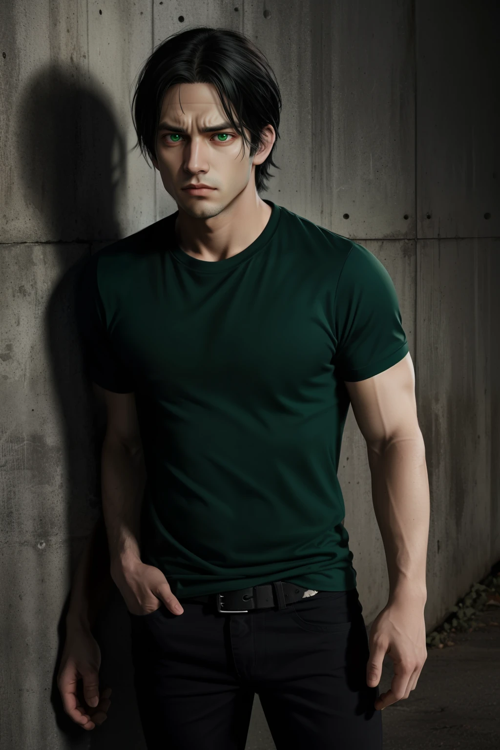 Handsome young man, green eyes, black hair,eren yeager, wearing black pants and a gray shirt, Ready to fight,Portrait