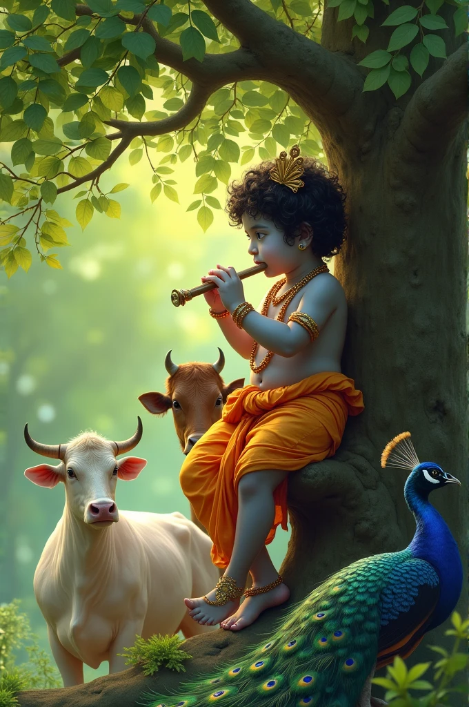 Baby Krishna sitting on tree playing flute with cows and peacock with green background