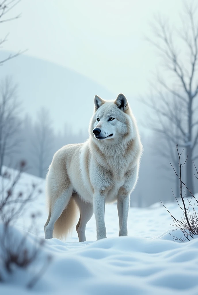 I have a picture of a white wolf named 'ken' and a background depicting winter.