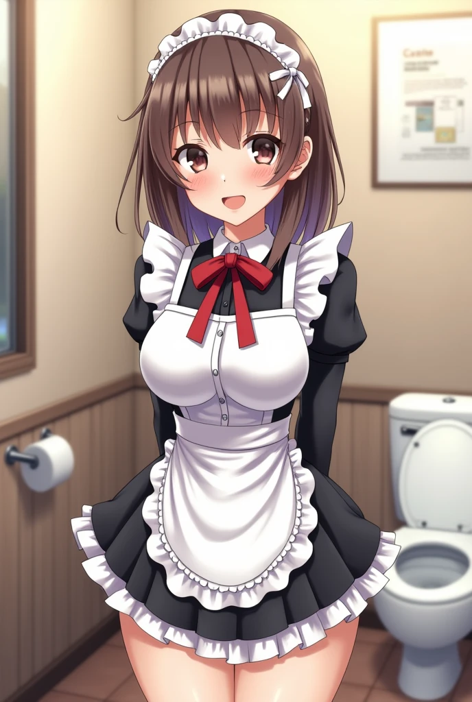 A Japanese female anime character wears a maid outfit without underwear on top of her naked body. She goes to work at a maid cafe, goes into the bathroom, and takes off her maid outfit.