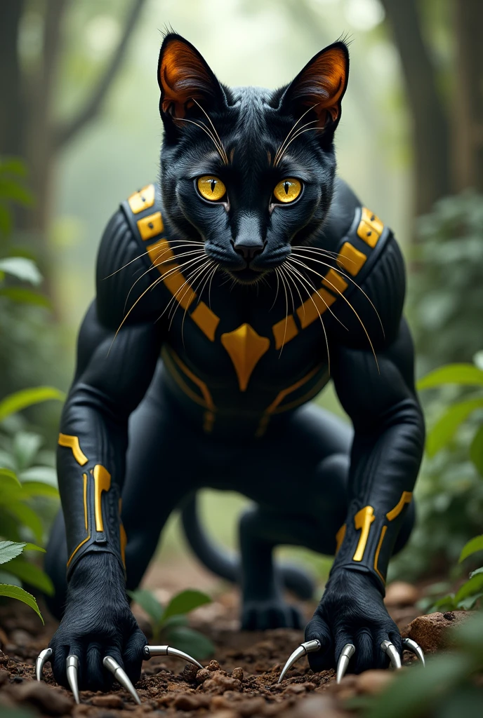 "Cat-toman" - A strong, sleek black cat with golden eyes, wearing a black and gold suit inspired by Black Panther. The cat has retractable claws and is in a crouched position, ready to leap, with a jungle setting in the background.