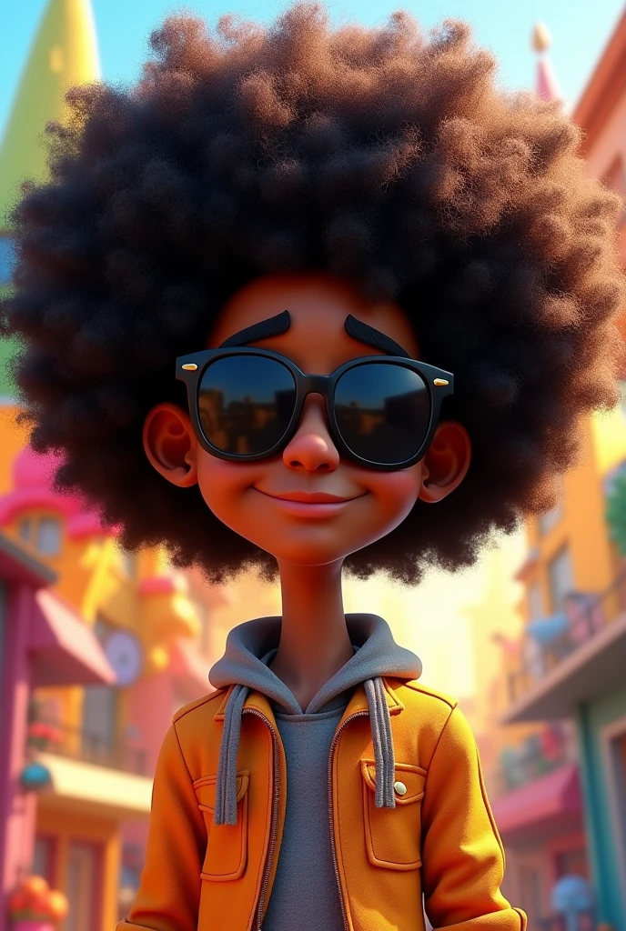 Wilt from Foster's home for imaginary friends with brown skin, full afro, wearing black sunglasses, a steel pick comb in his hair