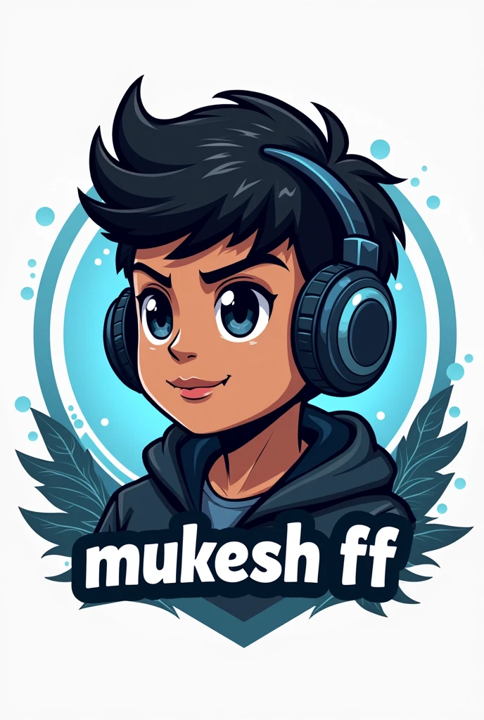Create a logo of a black-haired boy who is dark-skinned and has gamer headphones and underneath it says &quot; MUKESH FF 
&quot;