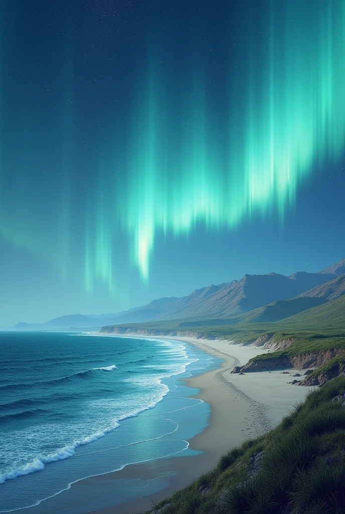 On the left there is a bit of sea, on the right there is more sand and in the background there are hills and the sky with the northern lights.