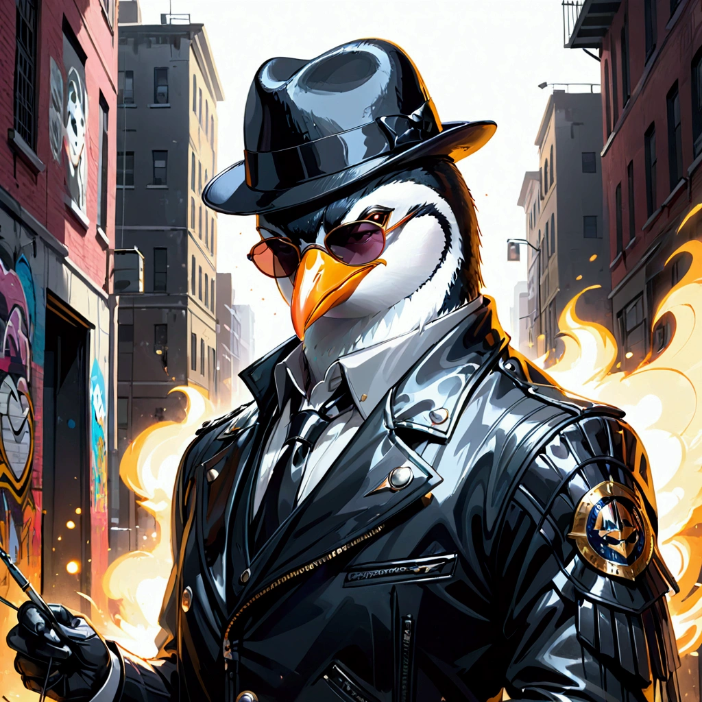 Closeup, awe-inspiring painting, portrait of an extremely badass anthropomorphic mobster penguin wearing an inanely sharp, dapper, snazzy, glossy black leather biker biker suit jacket, black striped fedora, black leather biker gloves, black leather biker pants, black sunglasses, epic scene, dust, centered, approaching perfection, dynamic, highly detailed, artstation, concept art, smooth, sharp focus, illustration, art by Carne Griffiths and Wadim Kashin, graffiti airbrushing techniques, high definition, accent lighting, contrasted with brigerht paint colors. 
