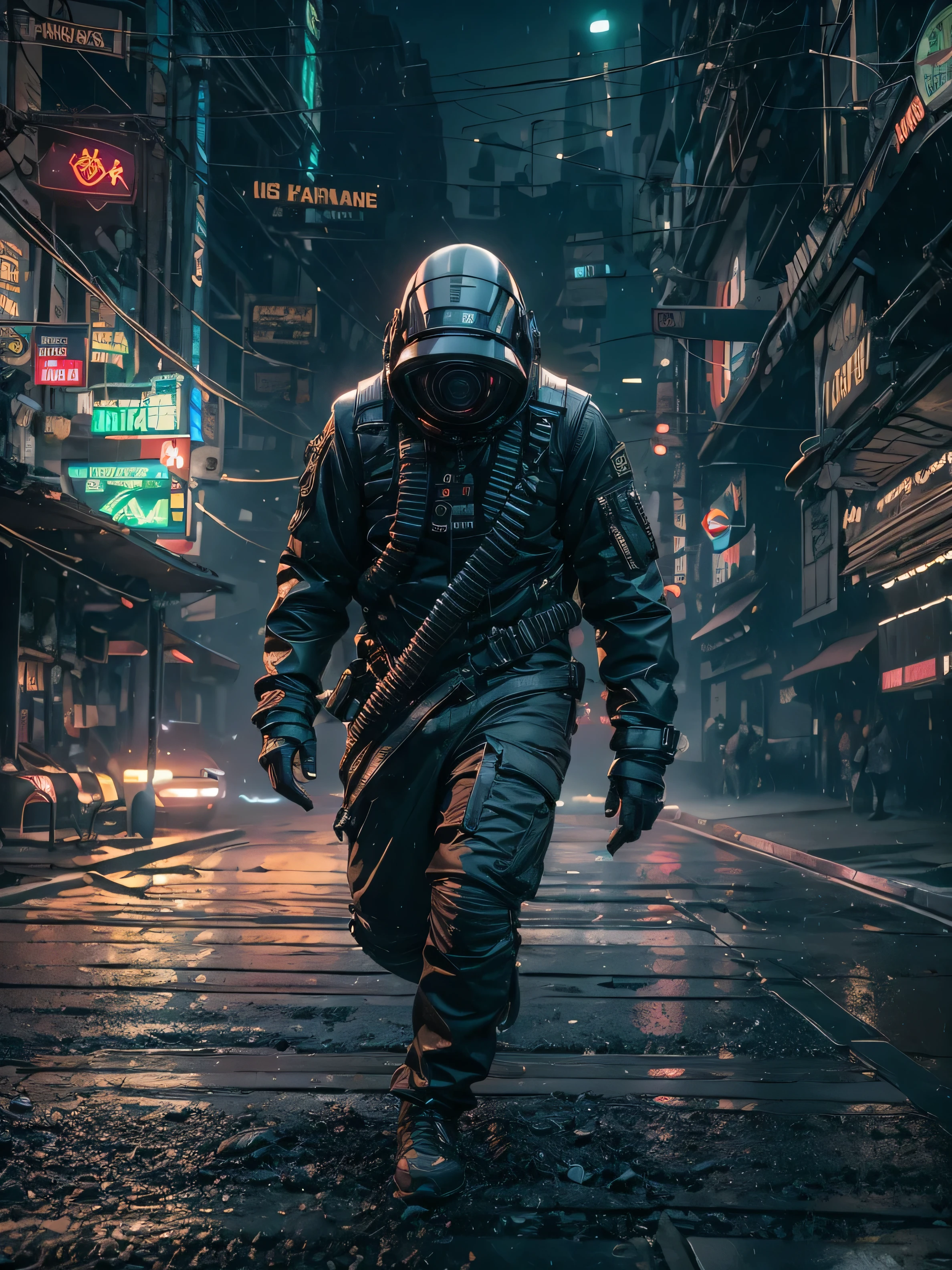 (masterpiece, full body shot, intricate raw photography) Cyberpunk citizen running away, comfortable oversize black hoodie, black cargo pants, black clothes, dark, wearing a black helmet hitech style Astronaut, intricate, futuristic, advanced technology, dark environment, dramatic, light and shadow, cinematic, action movie, sharpness, random relaxed position, Cyberpunk City, street lights, dark street, night, Insta photo, photo of the year, octane render, substance, Maya 3D, cinema4D, ArtStation Trending, Devian Art Trend,