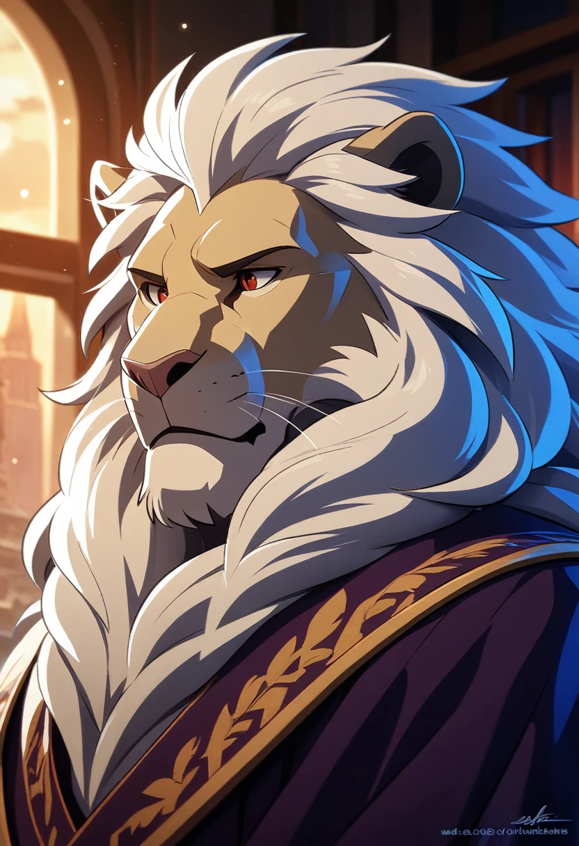 anime - style picture of an old lion man sitting on a ledge with a night city in the background, ultra detailed face, high details, old white anthro lion, named Vincent Frederick, ((white lion)) 4k,8k,high resolution, best quality, posted on e621, solo, anthro body, male, adult, masculine, correct anatomy, (out-of-focus background:1.2), (by takemoto arashi:1.0), (by wfa:1), (by Taran Fiddler:0.5),(by Bontiage), a commander, (cel shaded, cartoony shading:1.2), moody expression, thoughtful expression, sad expression, detailed face, good eyes, anime eyes, normal eyes, normal hands, black lineart, black outline, flat coloring, (strong shadows, dark shadows:1.2), cloudy night, superior mane, a scar on left eye, first person perspective, detailed portrait, correct anatomy, best quality, 4k, 8k, highres, masterpiece:1.2, ultra-detailed, anime, HDR, UHD, ultra-fine painting, sharp focus, physically-based rendering, extreme detail description, professional, vivid colors, bokeh.
