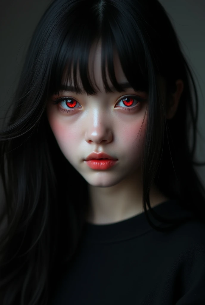 Beautiful woman with long black hair with full bangs on her forehead, her eyes have red irises: tenue: Black Cinematic Sweatshirt, hyper- realism, photorealism, : very white skin 