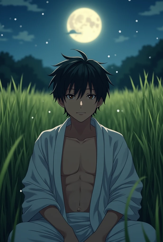  an ordinary young man, sitting on chair sponge on middle ricefield, wear pajama towel clothes, pajama pants, shorty black messy haircut, outdoors, at night, lighting moon, fireflies, relaxed pose, realistic, intricate details, warm colors, real hyper realistic, real human japanese, UHD 8k, detailed photo, perfect face, detailed places, landscape, full body, photo was taken from a facial forward in the ricefield village