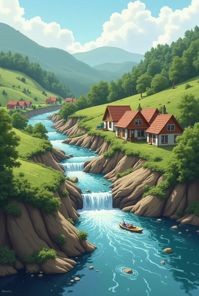 Illustration in which a brief description is made of the problems that arise when building houses within the area of a watershed 
