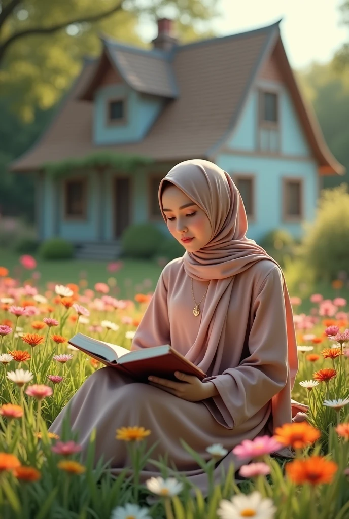 (photorealism:1.2), beautiful woman, wear hijab, Cubby cheeked, Arab face, sitting in a flower garden, reading a book, there is a house in the back, Dress up in the baju kurung styles, posing who appreciates the beauty of nature,