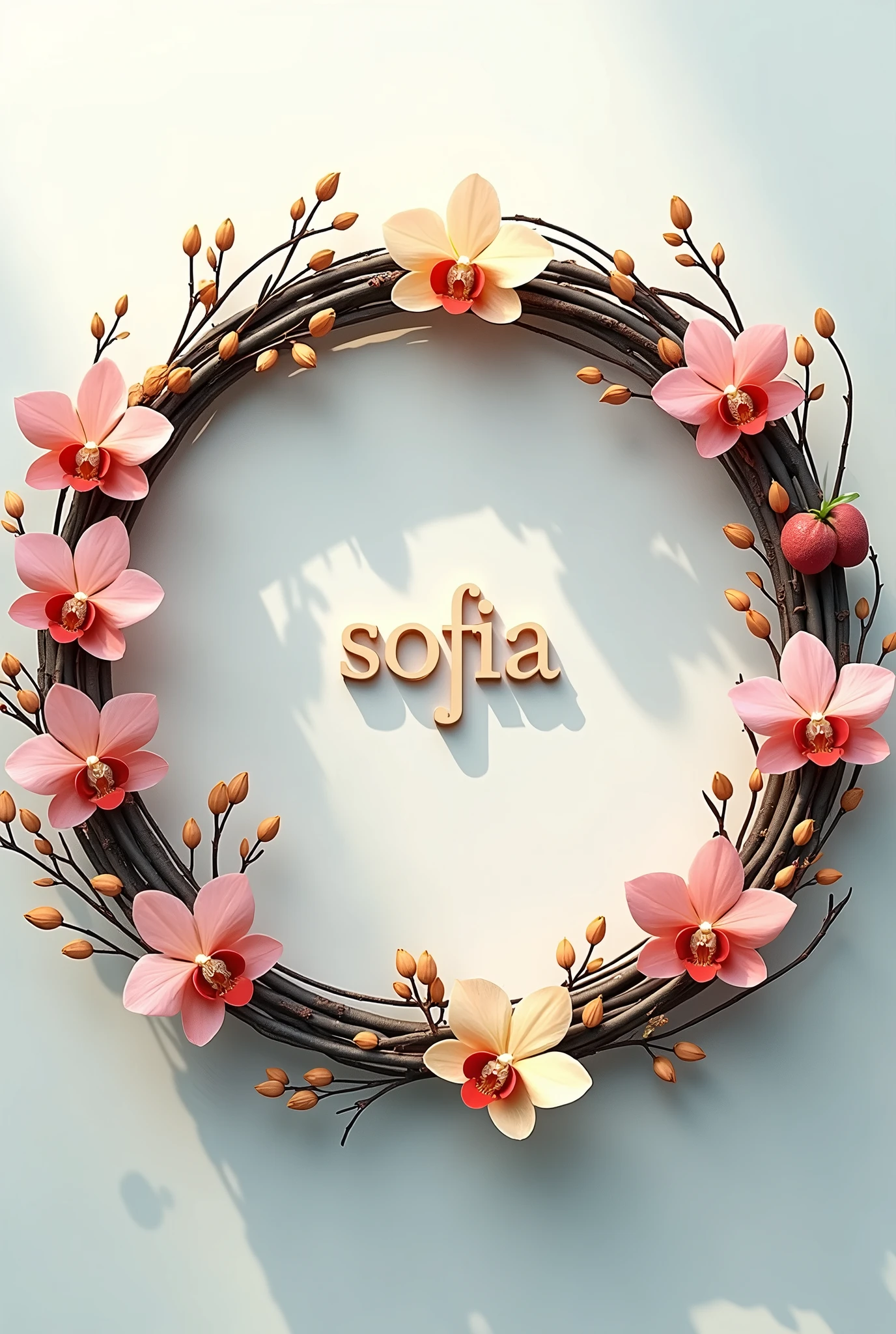 Ring composition,{The focus of the composition is on the outside of the ring:1.4},{There is a large blank space in the middle of the ring:1.4},The Four Seasons of Heaven,spring, summer, autumn,winter。wreath&four seasons,Withering,Decay&newborn,This circle reflects the cycle of seasons,As they change and wither,A circle made of orchids and branches, write the name in circle "Sofia" in 3d
