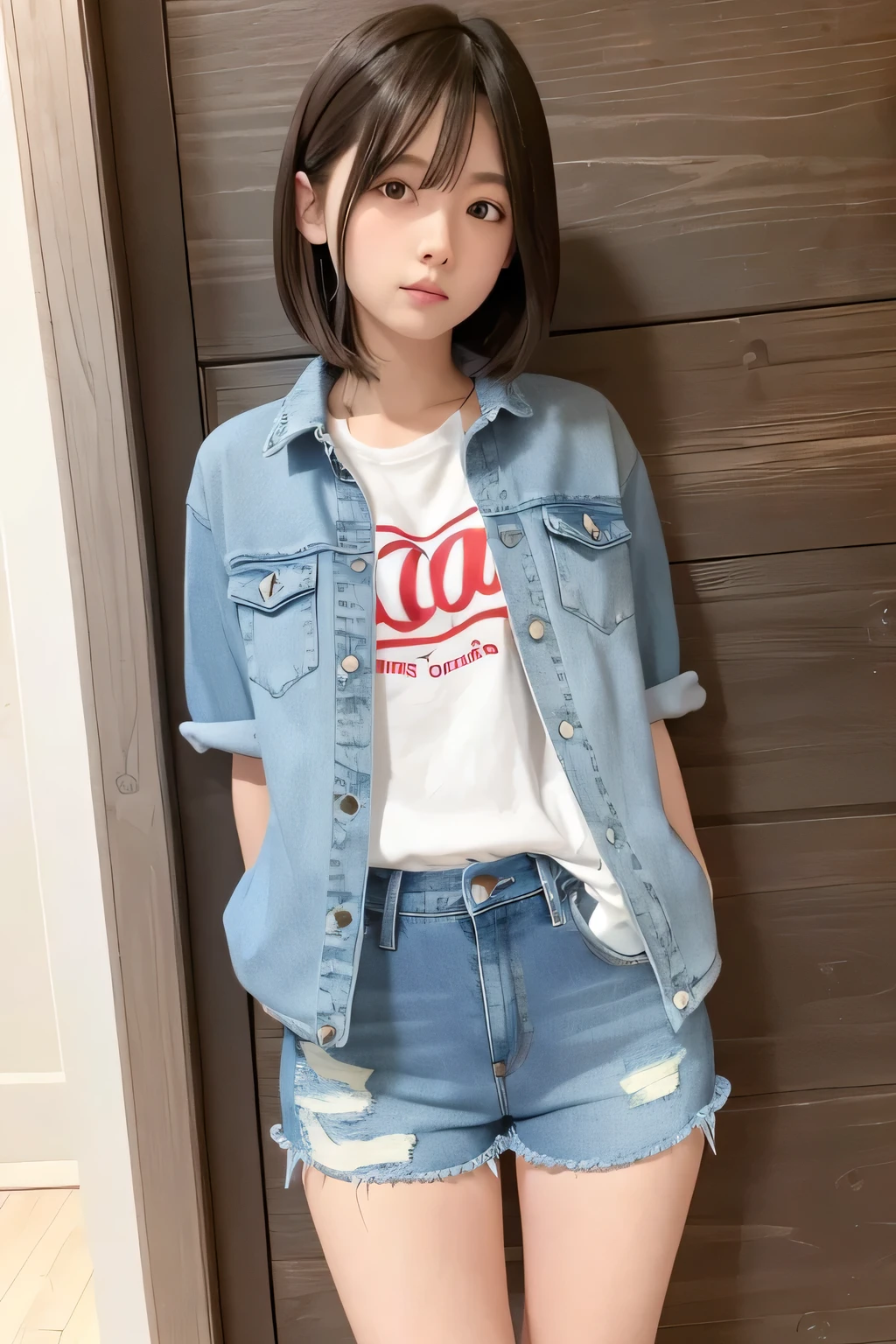 Extremely short, tight, and skinny denim shorts、A beautiful girl wearing boys&#39; clothes at a Japanese  in the 1970s.,she is cute and beautiful like an idol.,She is pure and innocent.,She is wearing a T-shirt,High socks and sneakers.Japanese,Black short bob,