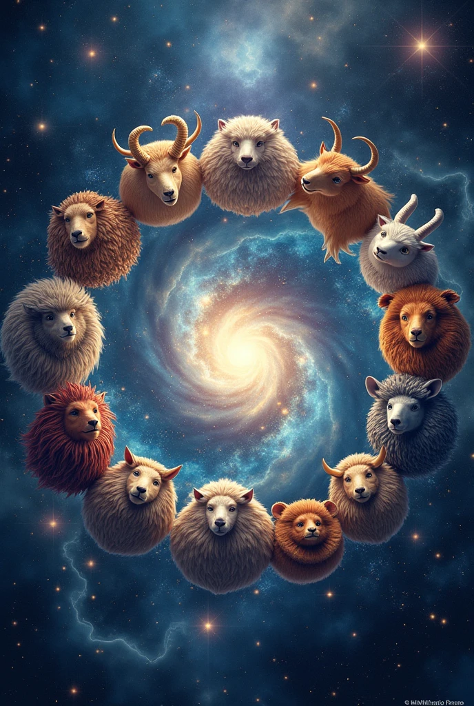 A single image included all kinds of zodiac symbols in a circle, image should be photorealistic, epic, animated