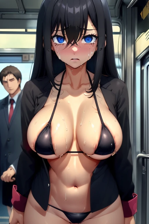 Large Breasts, Black Hair, Straight Hair, Semi-long hair、bikini、Her breasts are being massaged from behind by a man、Sweaty、Your clothes are wet、Inside the train,Blue eyes, Cry with your eyes open, despair, There are men standing around, アニメ, Breast milk