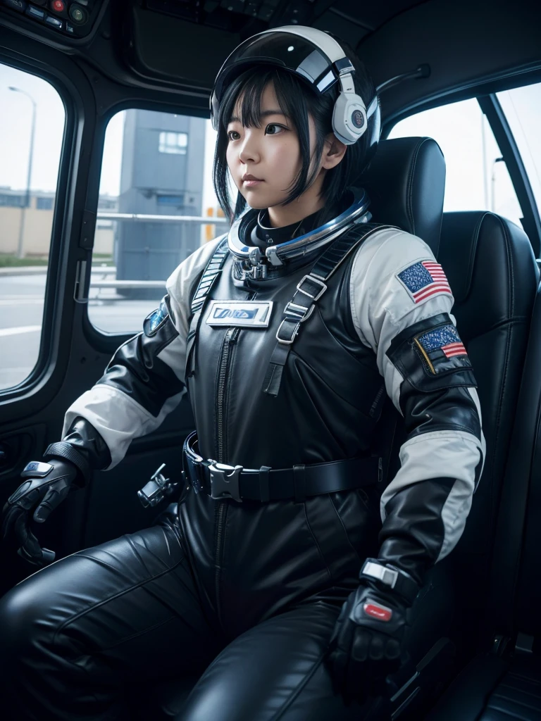 Japanese female astronaut,Black Hair,The spaceship's cockpit,Fully secured in the seat by a harness,A tight-fitting space suit,Wearing a helmet,Plump,Slightly thicker,Squat