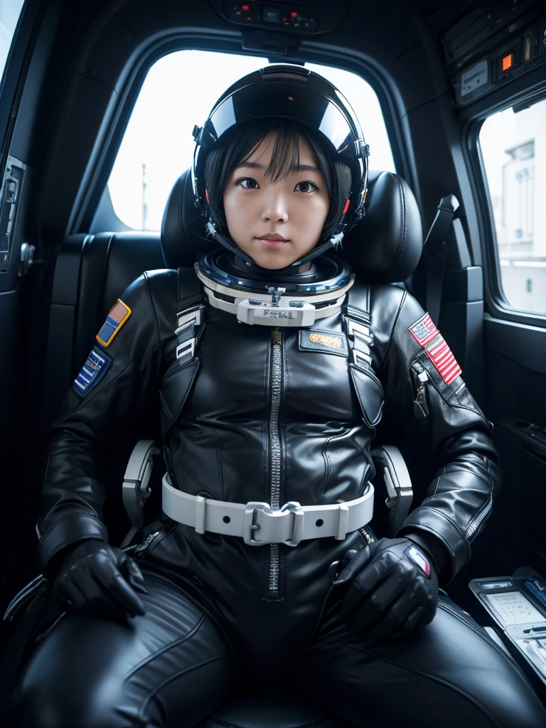 Japanese female astronaut,Black Hair,The spaceship's cockpit,Fully secured in the seat by a harness,A tight-fitting space suit,Wearing a helmet,Plump,Slightly thicker,Squat