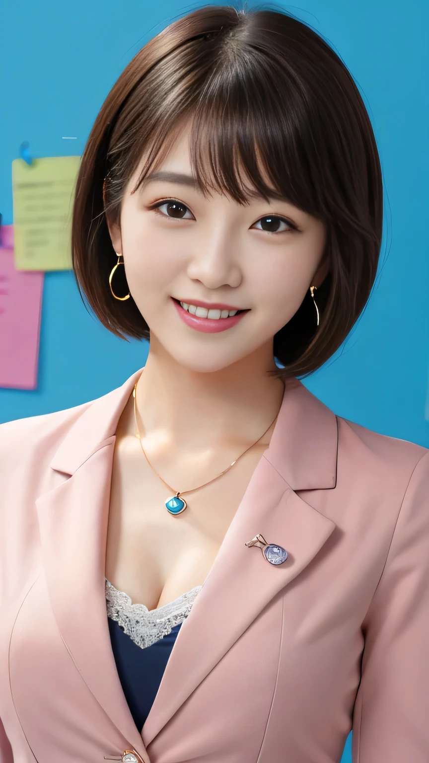 RAW Photos, High resolution, Very detailed, Intricate details, 、ear piercing、smile、short hair、Black Hair、Open your mouth a little、Clear beauty,(High quality fabric, Office Lady Suits 、Necklace around the neck、, The background is the office
