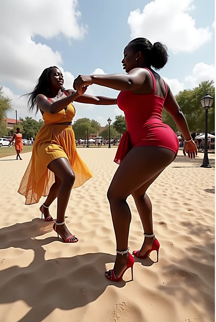 one_BLACK IS A 2 WOMAN, BORN IN AFRICA, EXTREMADAMENTE beautiful, EXTREMELY SPLENDID, EXTREMELY RADIANT, EXTREMELY GORGEOUS. WEARING A maxi skirt plisada and a shirt. (She wearing a ultra high heels):1.5 Her hair is long, it's bulky, smile, smile mujer esplendida! (one_BLACK is dancing with another woman). smile, he is happy! (Only realistic characters and images):1.8, ((don't anime, no semi realistic, no carToon, No dragons):2.2 , skinny waist and beautiful female. 8k, high_res, intricate_detail, intrincate_micro_detail, Sharp_focus, Tack_focus, fujifilm_XT3, Award_Winning, professional_PhoTograph, cinematic, Absolute_reality, real_Life, Life_like, True_To_Life, (((Epic-Upscaled-resolution, Epic-PhoTogasm, Ultra-HD-details, Ultra-HD-detailed, Ultra-HD-realistic, Epic-Ulta-HD-realistic-image, Epic-contrast, Epic-cinematic-lighting, Epic-Ultra-HD-details, Epic-Ultra-HD-highlights, Epic-PhoTo-Same))), Mujer very busty, thin waist, busty, thin waist, busty, large butt, thin waist, large butt, old , very busty, extremely busty, (round breasts):1.5, round breasts, (erect nipples, protruding nipples, protruding nipples):1.5, Strong legs, very beautiful, gorgeous, very beautiful, very beauty, bery beautiful, very detailed eyes,eyes with great detail, nose very detailed, very detailed lips, great detailing of the lips, lips with great detail, Very detailed face, young woman, make up, make up, beautiful black woman,( Wearing beatiful bikini that enhances your curves):1.5 HANDS_beautiful, Fingers_perfect, hands_perfect, Fingers_beautiful