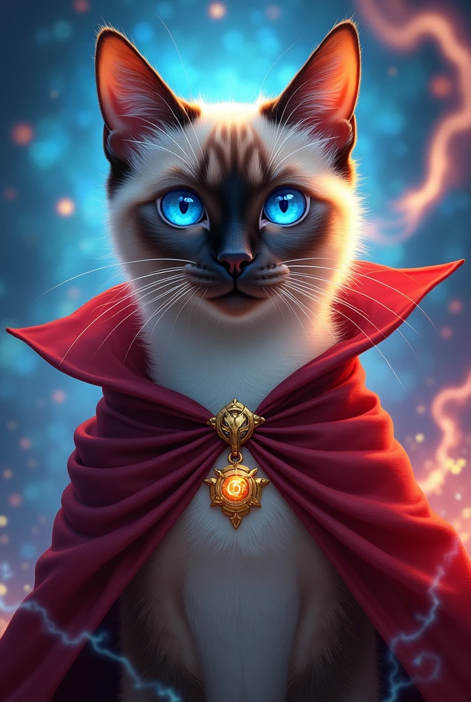 "Doctor Purr-strange" - A wise-looking Siamese cat with a mystical, red cloak similar to Doctor Strange’s. The cat has a small, glowing amulet around its neck, and it's casting a spell with swirling, colorful magical runes floating around it.