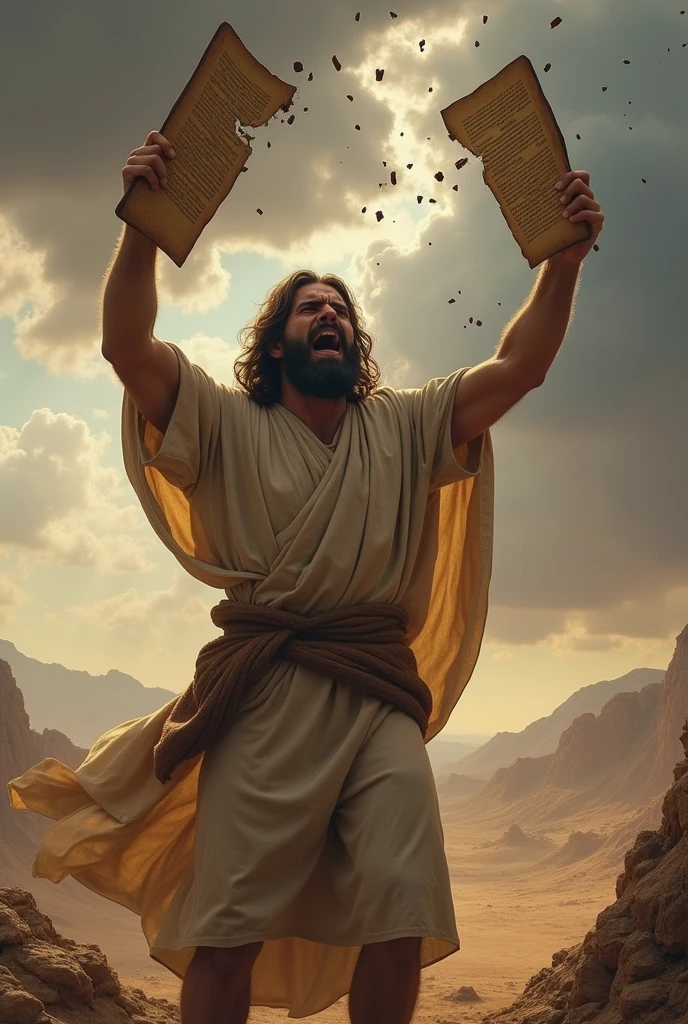 An intense scene on a desolate mountaintop, with Moses furious and agitated. He is in the act of breaking the tablets of the Ten Commandments, raising them above his head before slamming them down. The boards are in mid-air, about to break into pieces, with cracks already visible. Moses has an expression of anger and disappointment, with his ancient clothes fluttering in the wind. In the background, the sky is full of dark and threatening clouds, while the arid landscape around reinforces the drama of the moment."