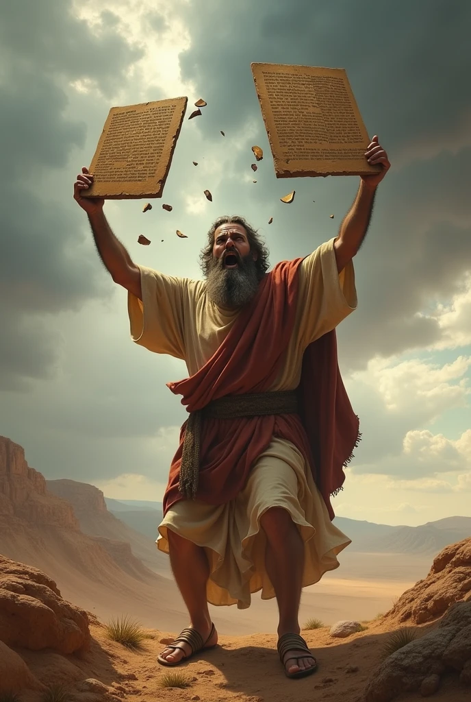 An intense scene on a desolate mountaintop, with Moses furious and agitated. He is in the act of breaking the tablets of the Ten Commandments, raising them above his head before slamming them down. The boards are in mid-air, about to break into pieces, with cracks already visible. Moses has an expression of anger and disappointment, with his ancient clothes fluttering in the wind. In the background, the sky is full of dark and threatening clouds, while the arid landscape around reinforces the drama of the moment."