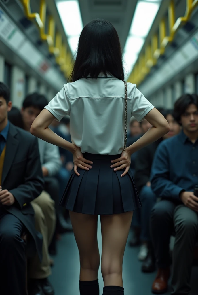 ((Highest quality, 8k, RAW Photos, masterpiece :1.3)), (Realist、Realist:1.37), very detailed, crowded train, girl using school uniform, hands on hips, ass focus, lifted skirt, lifting skirt, showing ass, ass, showing panties, bent over