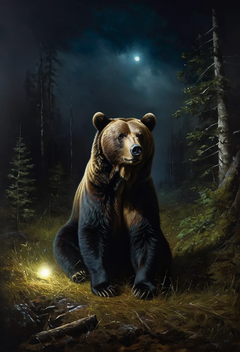 painting of a the bear is lying in the clearing, dark atmosphere, cinematic scene, volumetric lights, ultra realistic, in the style of nicola samori