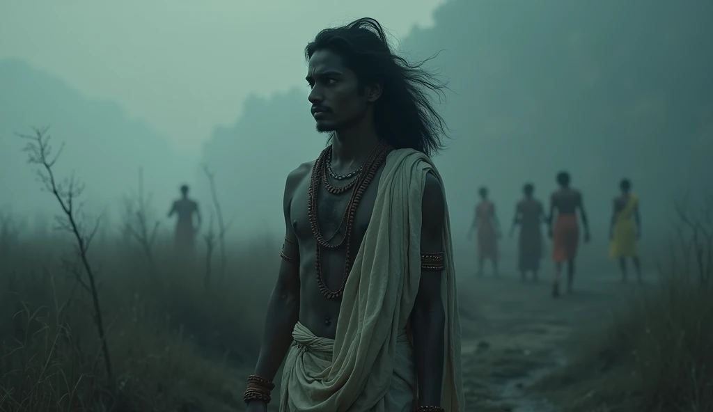 However, the seeds of deep sorrow and bitterness were sown as a result of the war, and this bitterness one day led to a curse on Lord Krishna. a realistic photo