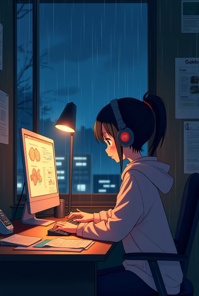 Anime-style illustrations、amidst the quietude of the night,、A scene where a girl is working at a desk。It's raining outside the window、Trees in the distance々The buildings look like faint shadows in the rain.。The girl puts on big headphones、Her short black hair is tied in a ponytail。She is in a dark room、An orange lamp illuminates the desk.、Warm light reflects off the girl's face。She is wearing a pale pink hoodie.、He sat calmly in front of his computer、Concentrating on the work。Keyboard on the desk、mouse、The documents are scattered、The monitor displays digital illustrations and documents。There are notes and posters on the walls of the room.、The sound of rain coming through the window blends into the silence。The overall color tone、The contrast of blue and orange evokes the tranquility of the night.、The scene exudes a sense of calm and focus.。