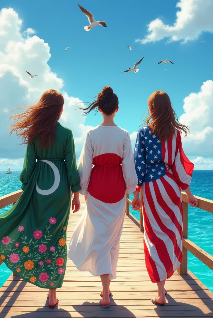 A Pakistan women ,A Japani women and american women visiting sea they walking at bridge of sea wearning there country flag design cloth