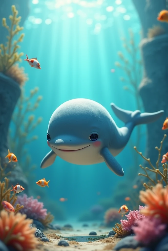 Create a cute chubby round whale with realistic backround