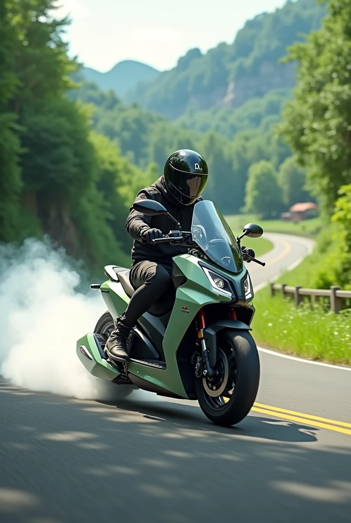 Urbanglide scooter doing a burnout on a road with a green landscape 