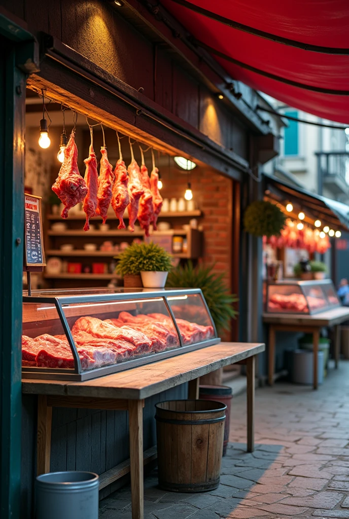 Create an image of a business with a meat store display on the inside. The outside should have an extension of ironsheets display that is about 1meter. A wooden table with an empty clear bucket should be seen inside the display that is on the outside. The photo should look a bit real. The environment should be kenyan