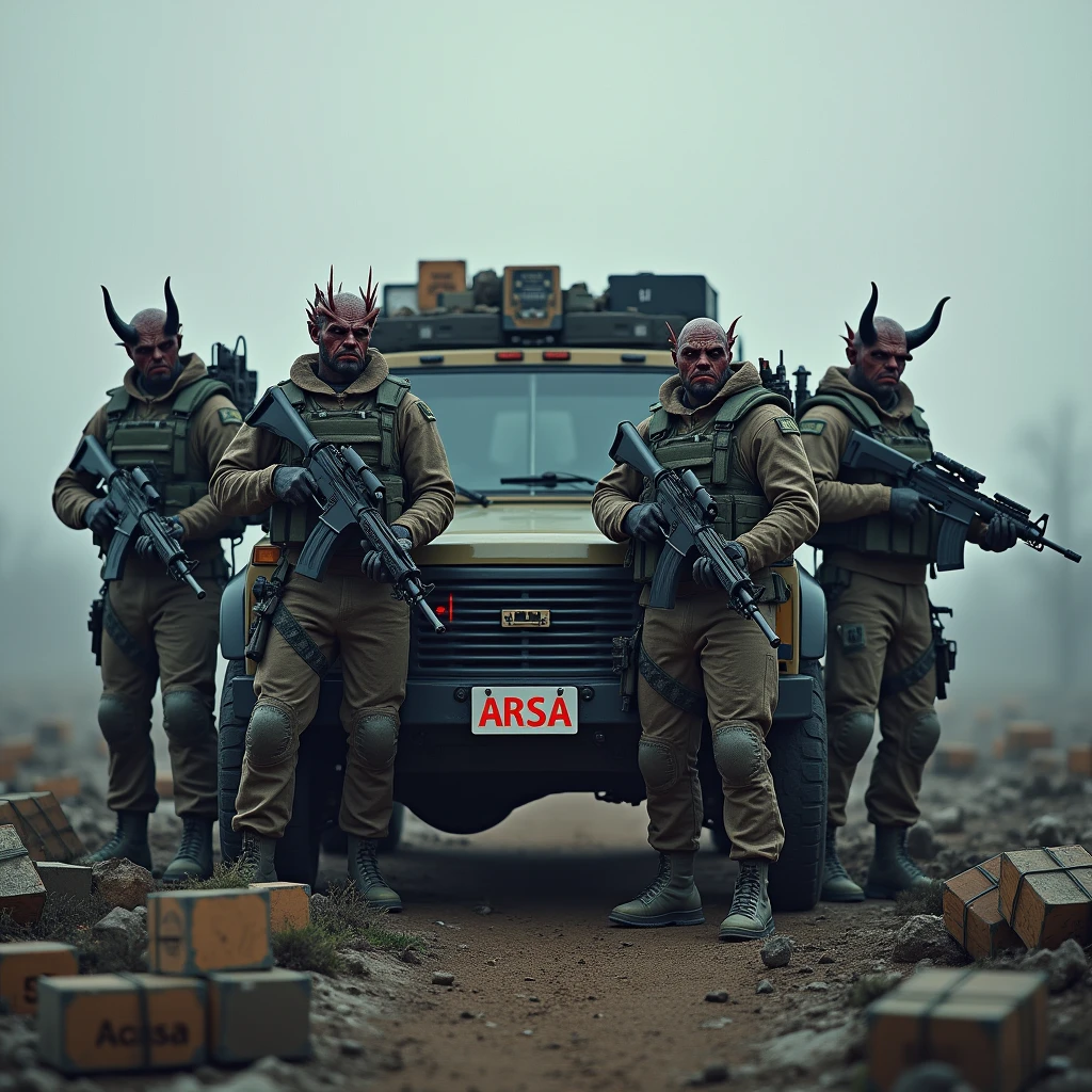 There are 4 different soldiers and all 4 soldiers look different from each other and are like half demons standing in a battlefield holding different types of advance guns from each other. Between the 4 soldiers there is a big UAZ car loaded with ammunition and medkit and the number plate has "ARSA" written on it. In the background of image "ARSA" is written in demonic font and cold colours. There are death crates of enemies around the soldiers. The image looks scary in the afternoon.