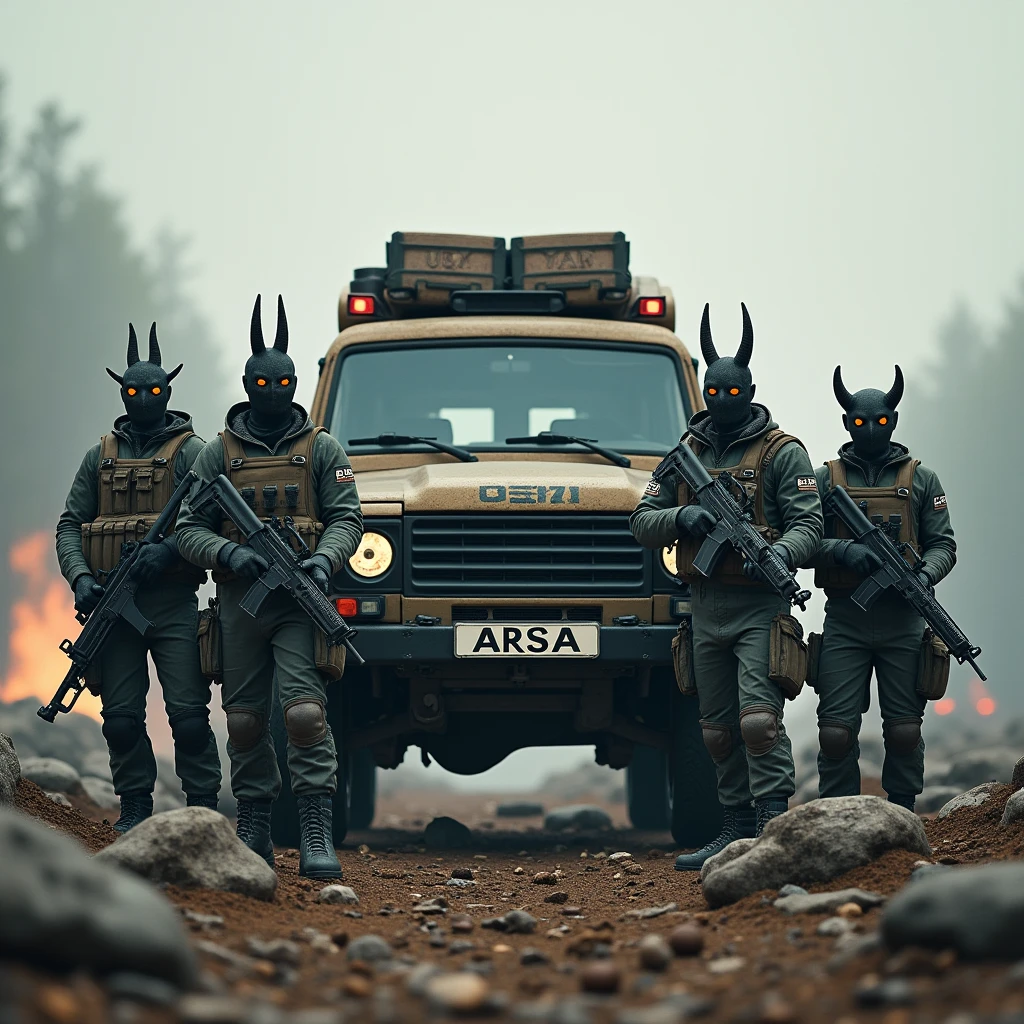 There are 4 different soldiers and all 4 soldiers look different from each other and are like half demons standing in a battlefield holding different types of advance guns from each other. Between the 4 soldiers there is a big UAZ car loaded with ammunition and medkit and the number plate has "ARSA" written on it. In the background of image "ARSA" is written in demonic font and cold colours. There are death crates of enemies around the soldiers. The image looks scary in the afternoon.