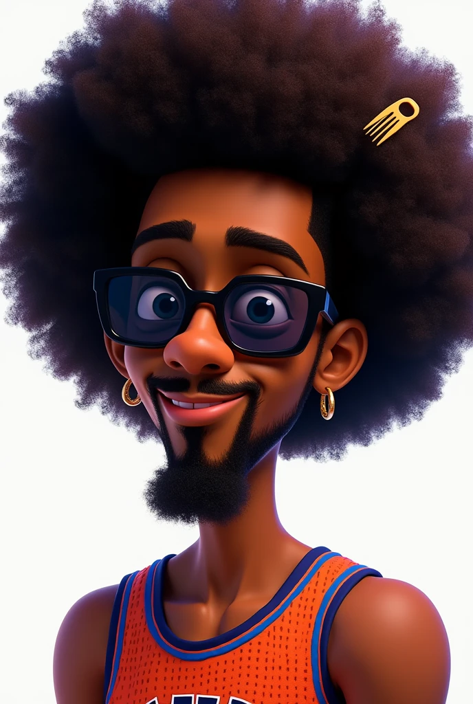 Wilt from Foster's home for imaginary friends with brown skin, full afro, wearing black sunglasses, a steel pick comb in his hair, in his 20's wearing a basketball jersey