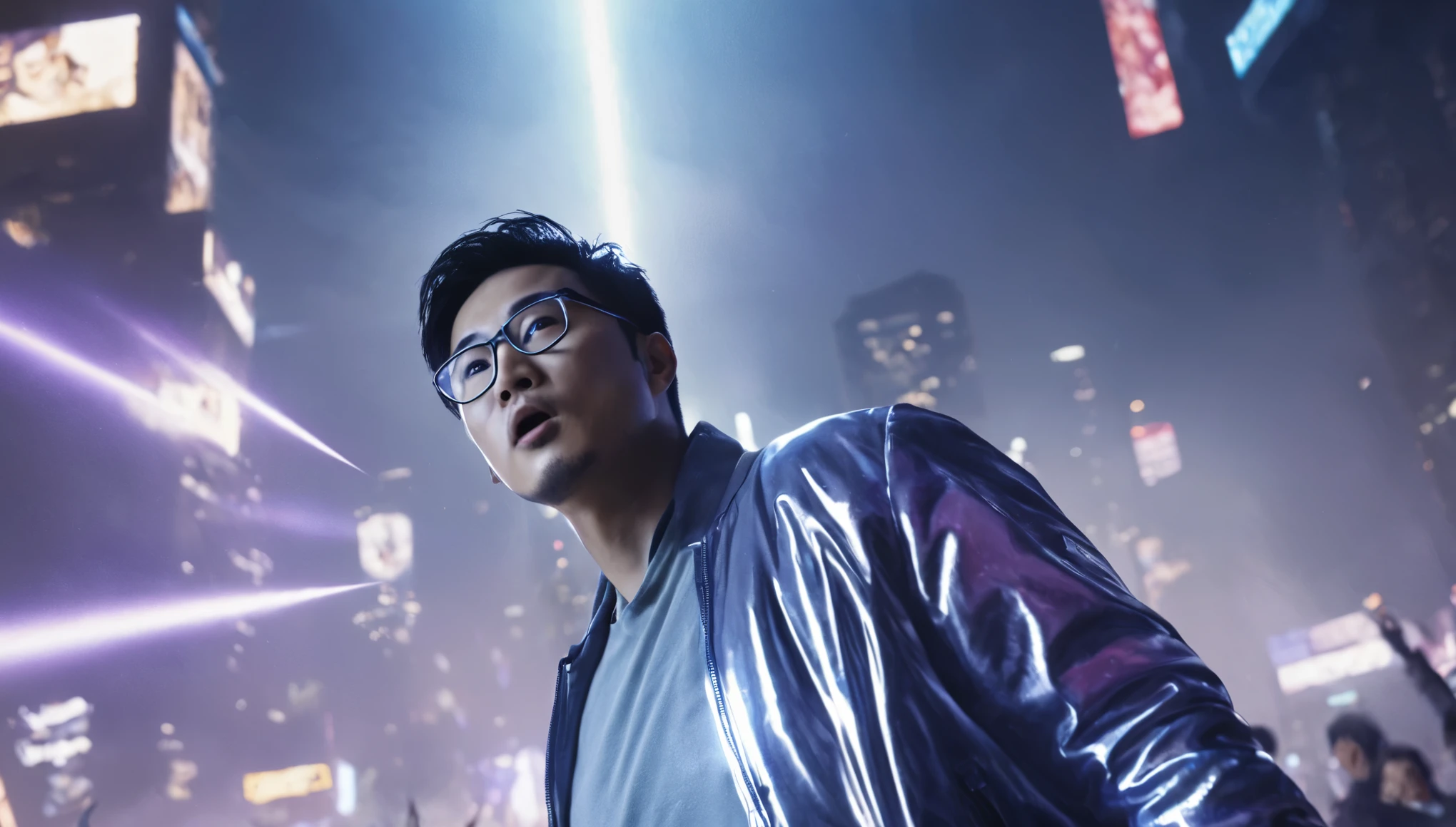 Realistic cinematic scene image of Asian man in silver Scifi jacket, wearing glasses, with some other people in the distance in a cool flying pose flying and looking up at the sky, a blue light beam from the sky in a dazzling streak of light from above to his face, cyberpunk city scene at night, LED billboards shining blue and purple light, hazy smoke, technological light rays surrounding the distance below
