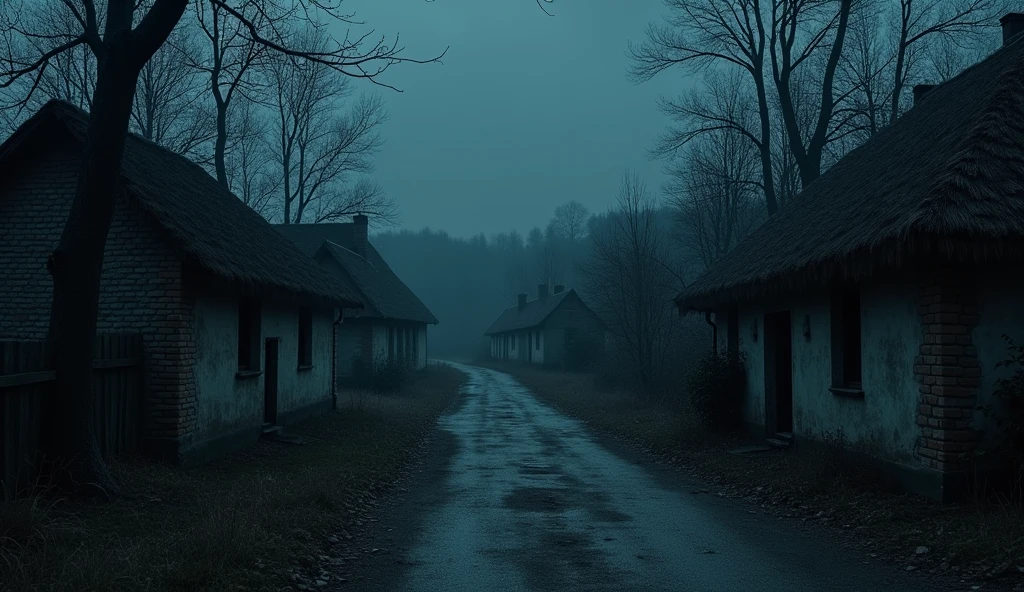 A frightening image in the middle of the night of the street of an old Ukrainian village of the 17th century in Gothic style with one-story mud brick houses with thatched roofs. lots of nature The house was on one side of the road, on the edge of a valley.