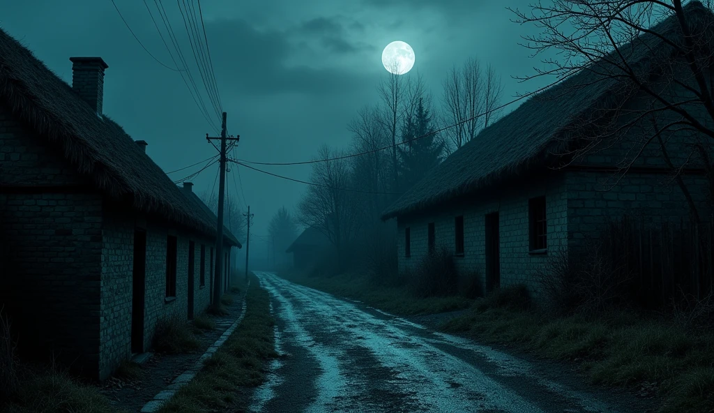 A frightening image in the middle of the night of the street of an old Ukrainian village of the 17th century in Gothic style with one-story mud brick houses with thatched roofs. lots of nature The house was on one side of the road, on the edge of a valley.